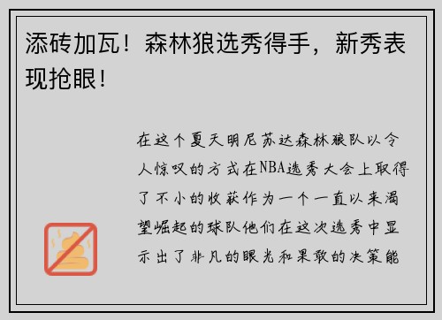 添砖加瓦！森林狼选秀得手，新秀表现抢眼！